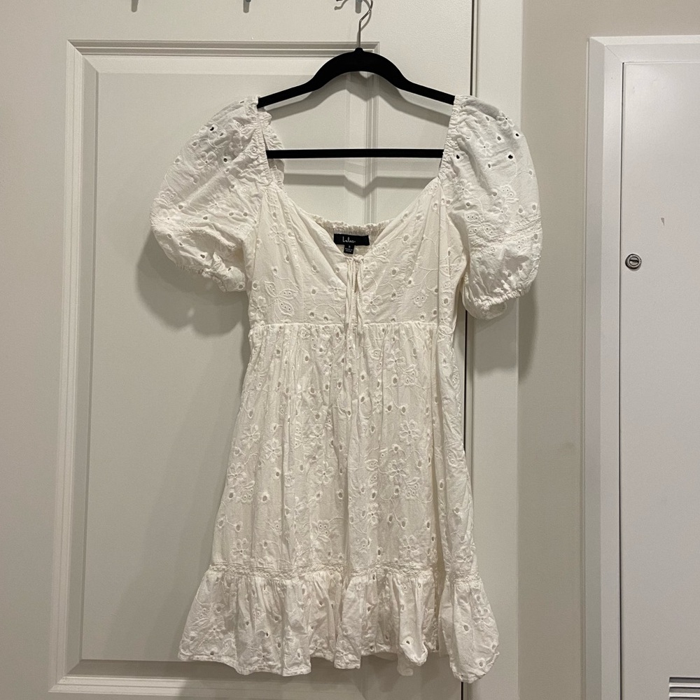 Lulus Sweet in Sicily White Eyelet Embroidered Puff Sleeve Mini Dress